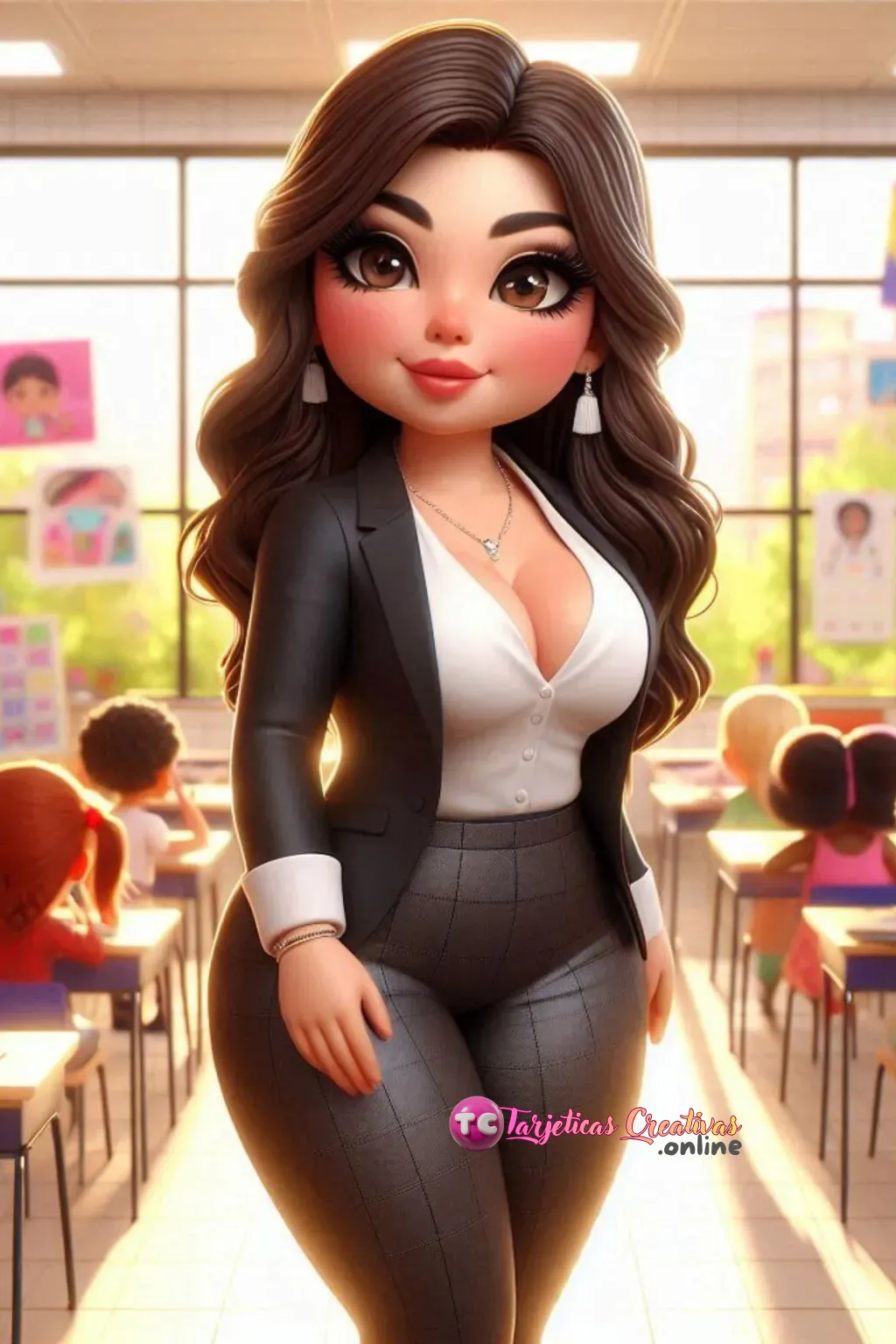 Mujer de pelo castaño maestra en aula