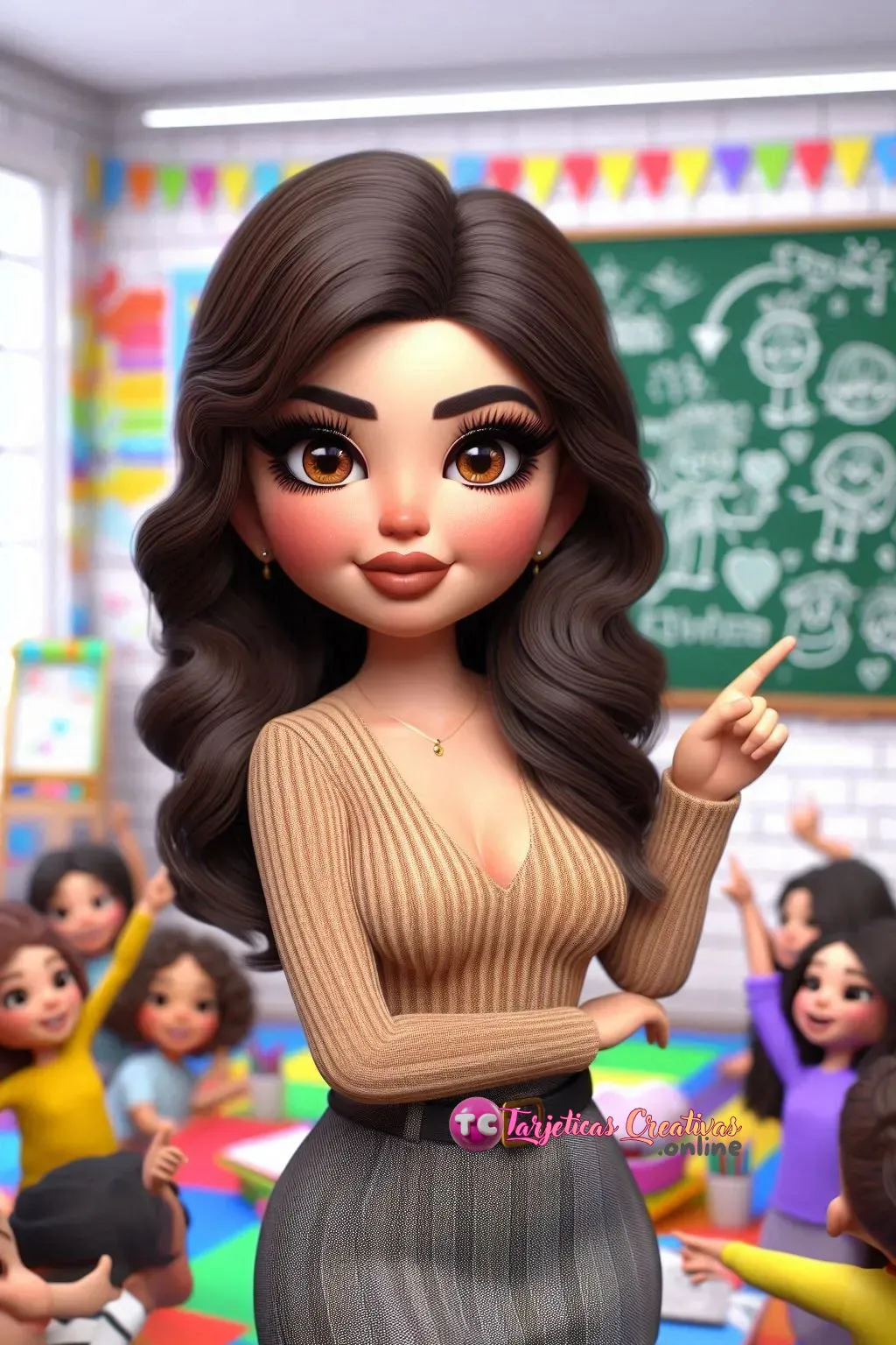 Mujer de pelo castaño maestra en aula con niños