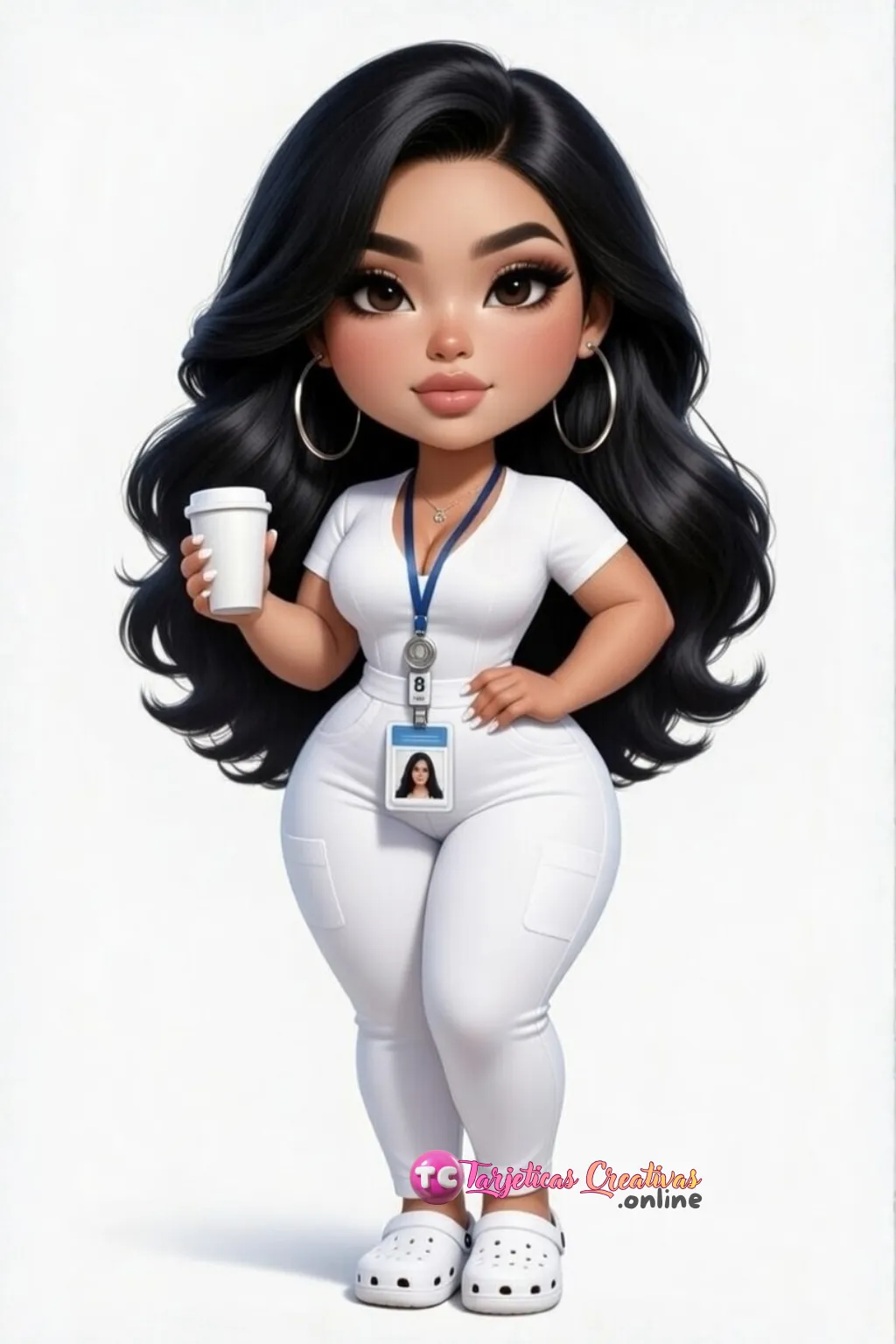 Mujer de pelo negro enfermera parada con bebida