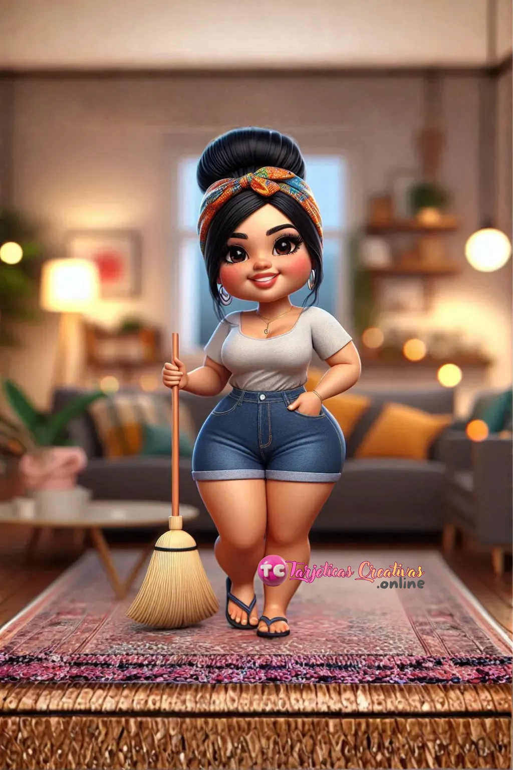 Mujer de pelo negro ama de casa en sala 