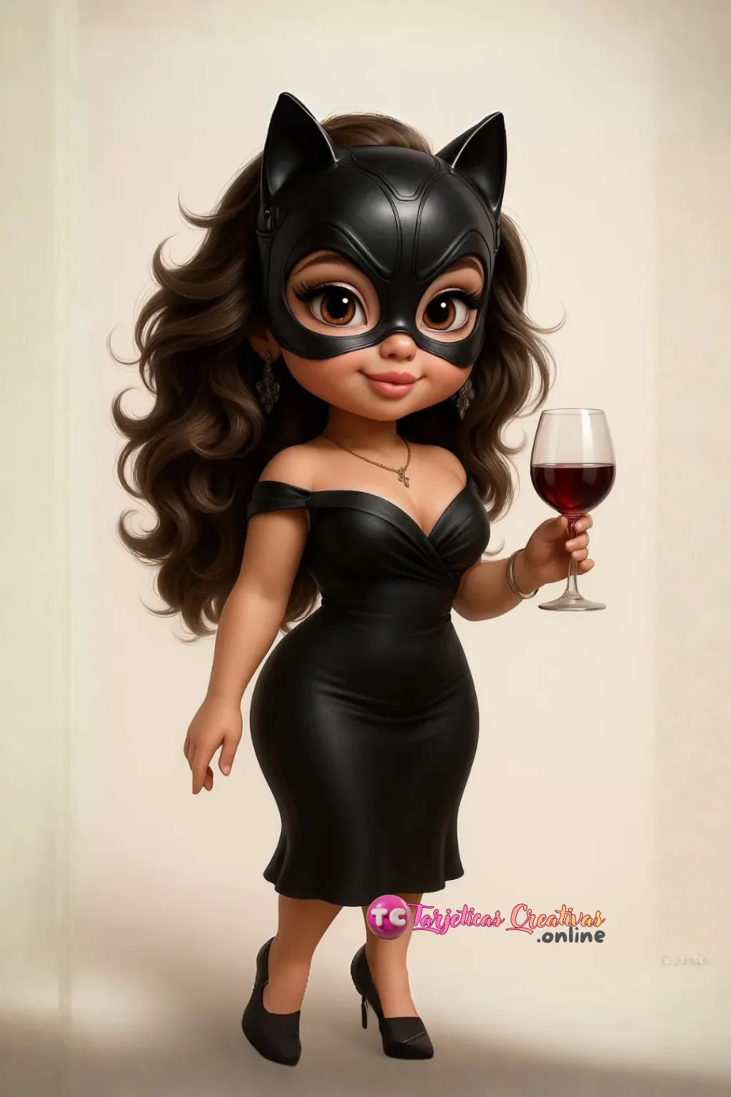 Mujer de pelo castaño con mascara de gatubela con copa de vino