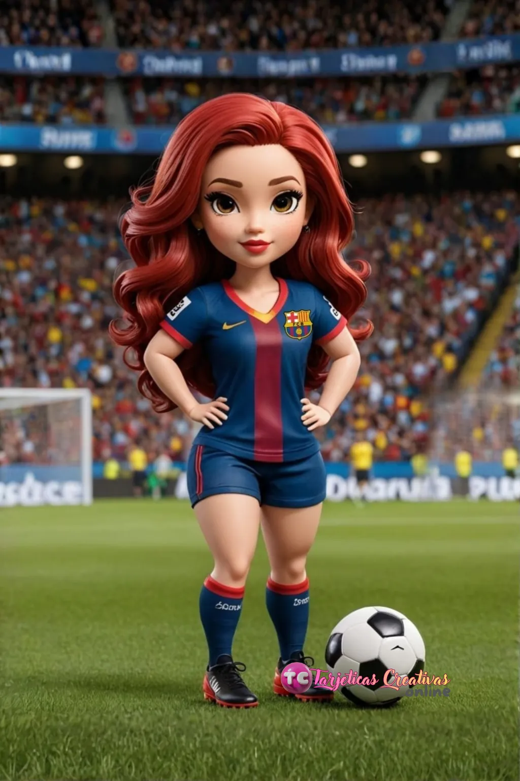 Mujer de pelo rojo en estadio de futbol con uniforme del Barcelona