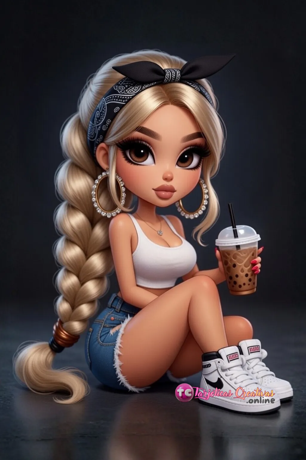 Mujer de pelo rubio sentada en shorts con bebida