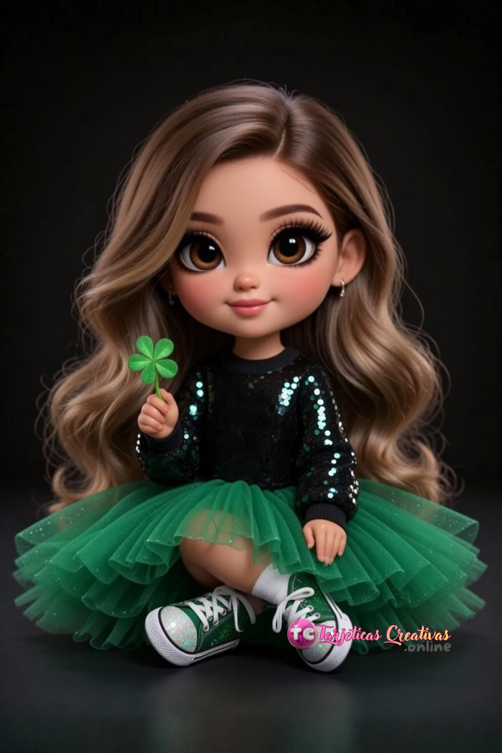 Niña de pelo castaño sentada con trebol