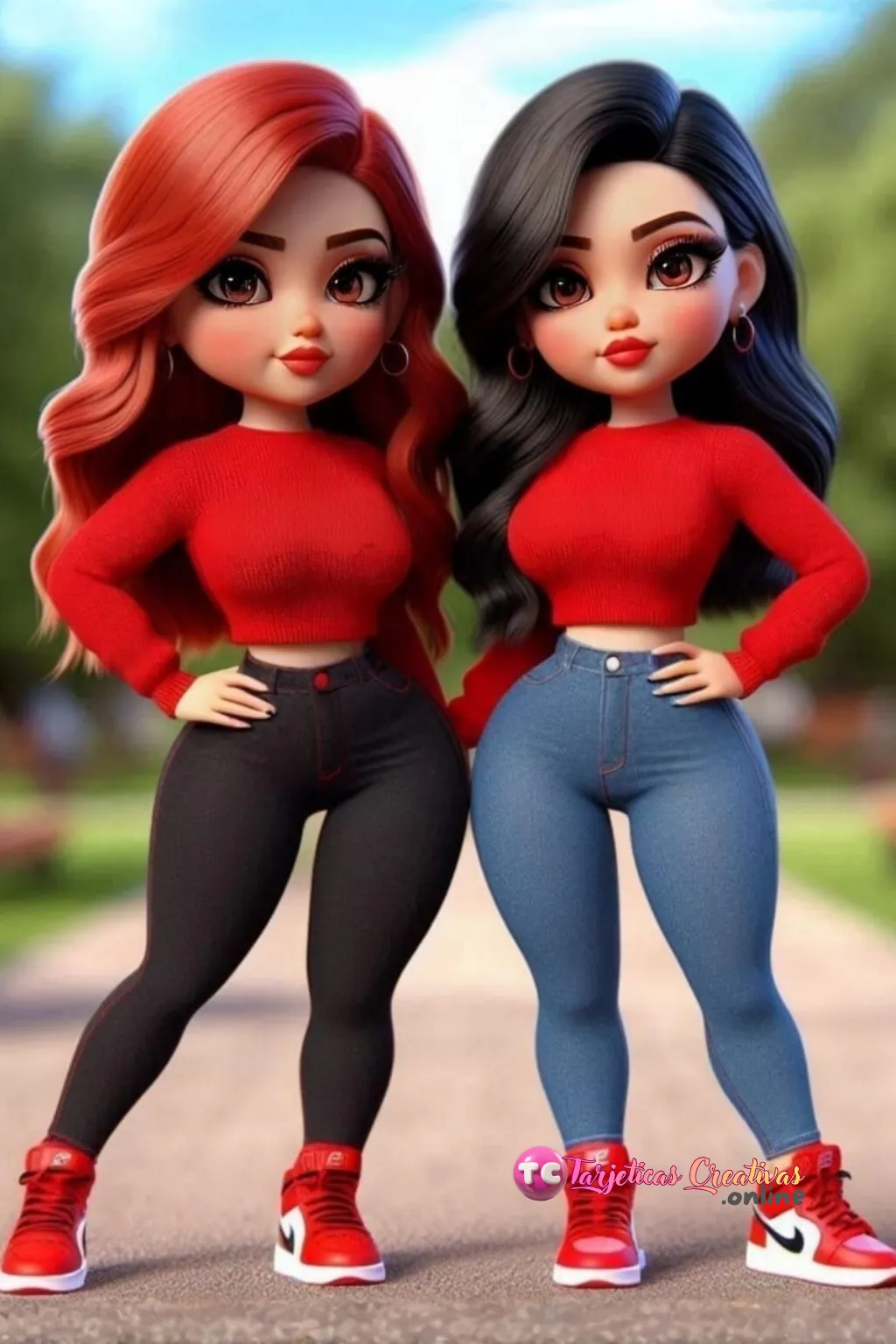 Amigas de pelo rojo y negro paradas en el parque