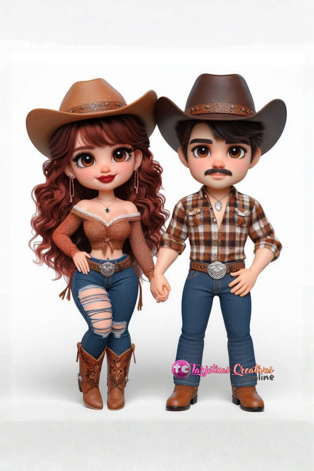 Tarjeta Personalizada de Pareja Mujer y Hombre con sombrero vestidos de vaquero