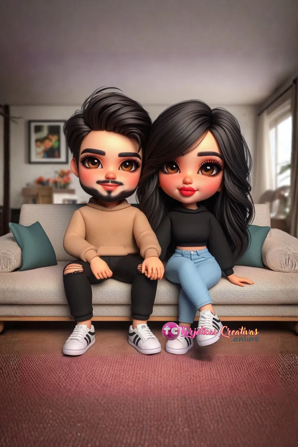 Tarjeta Personalizada de Pareja Hombre y Mujer sentados en sofa sala