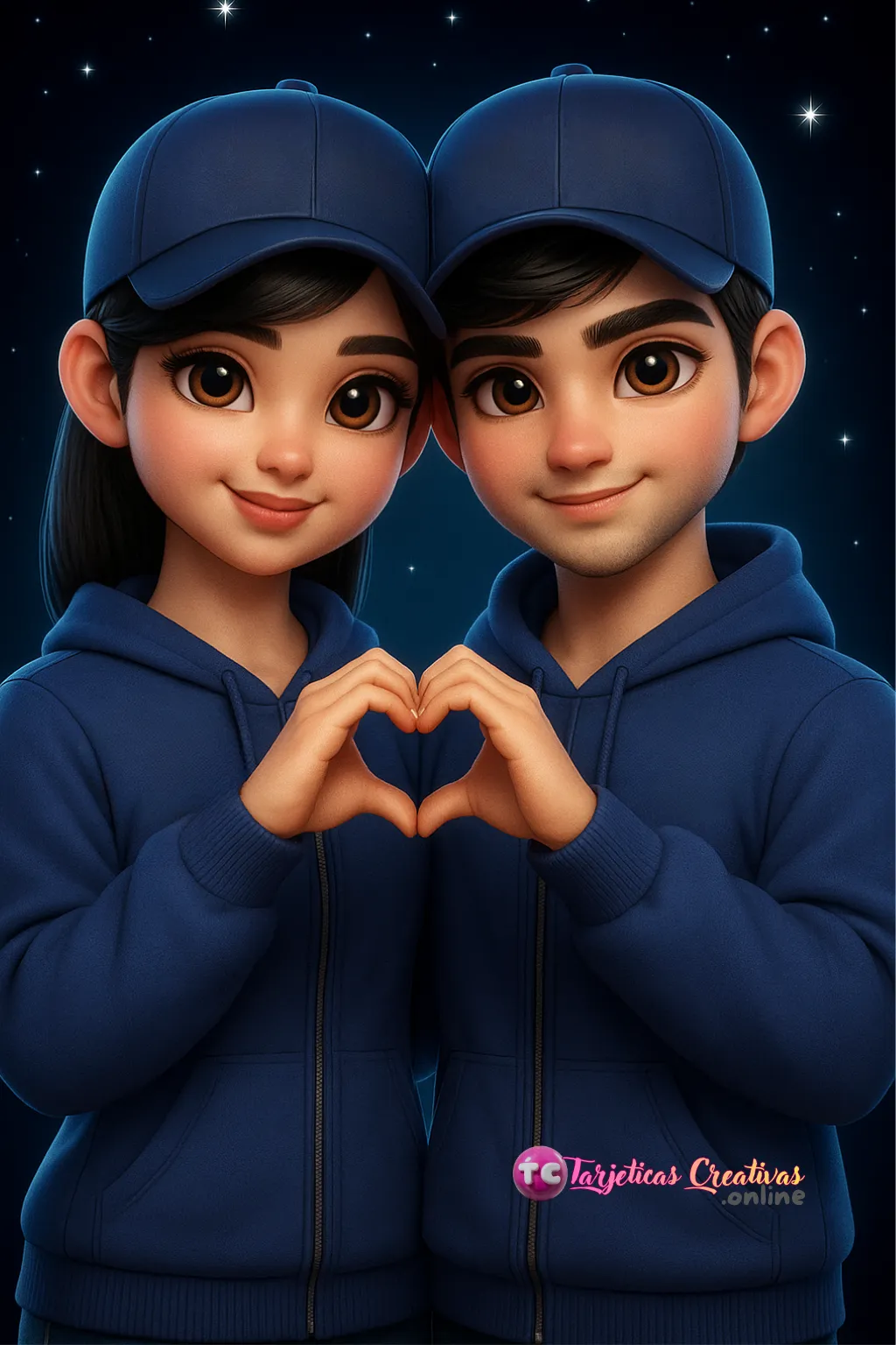 Tarjeta Personalizada de Pareja Mujer y Hombre con gorra y corazón