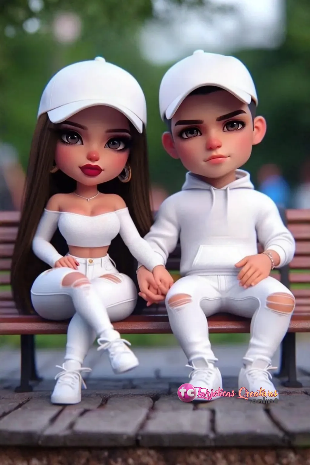 Tarjeta Personalizada de Pareja Mujer y Hombre con gorra agarrados de la mano sentados en el parque