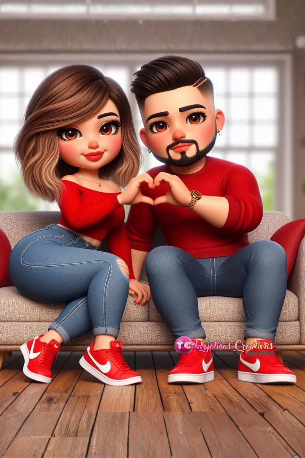 Pareja de mujer y hombre de pelo castaño sentados en sofa con corazón