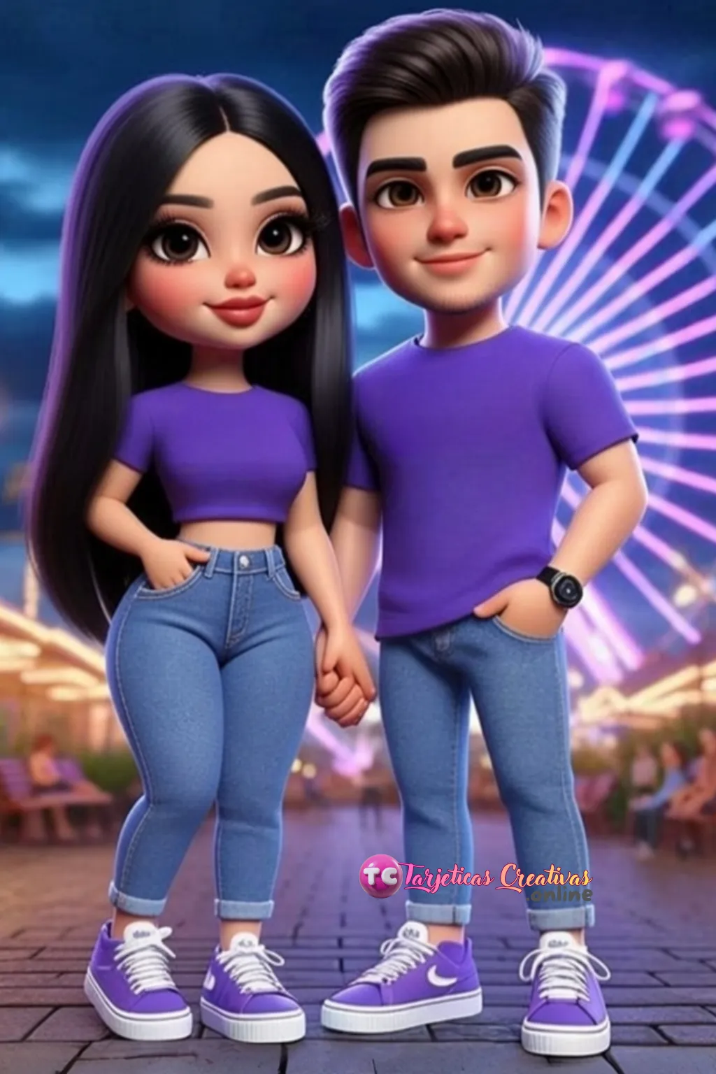 Tarjeta Personalizada de Pareja Mujer y Hombre tomados de la mano en el parque de diversiones